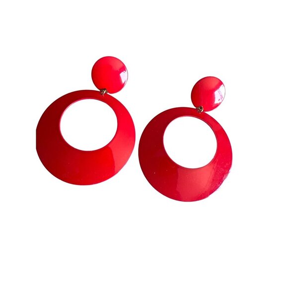 Vintage Red Dangle Pierced Earrings Enamel Hoops July 4 Memorial Day Summer RED - Picture 1 of 11